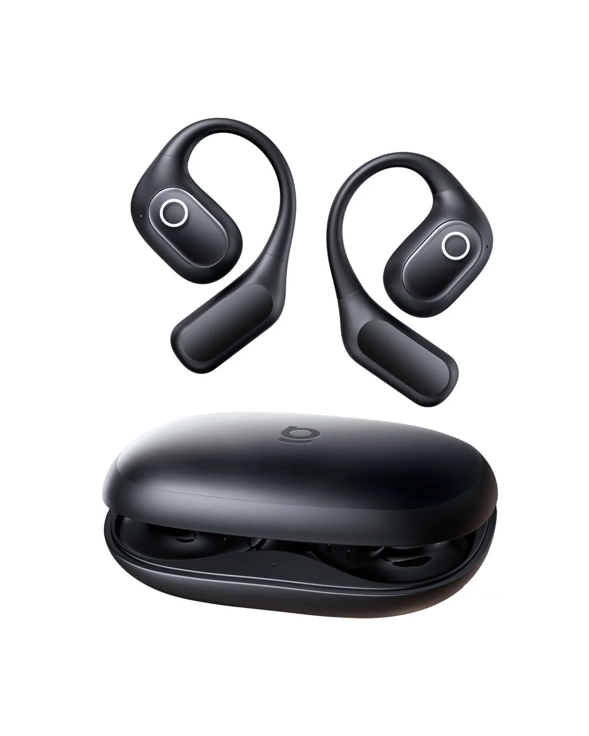 Baseus ELI 2I FIT black open-ear true wireless earbuds floating above open charging case front view