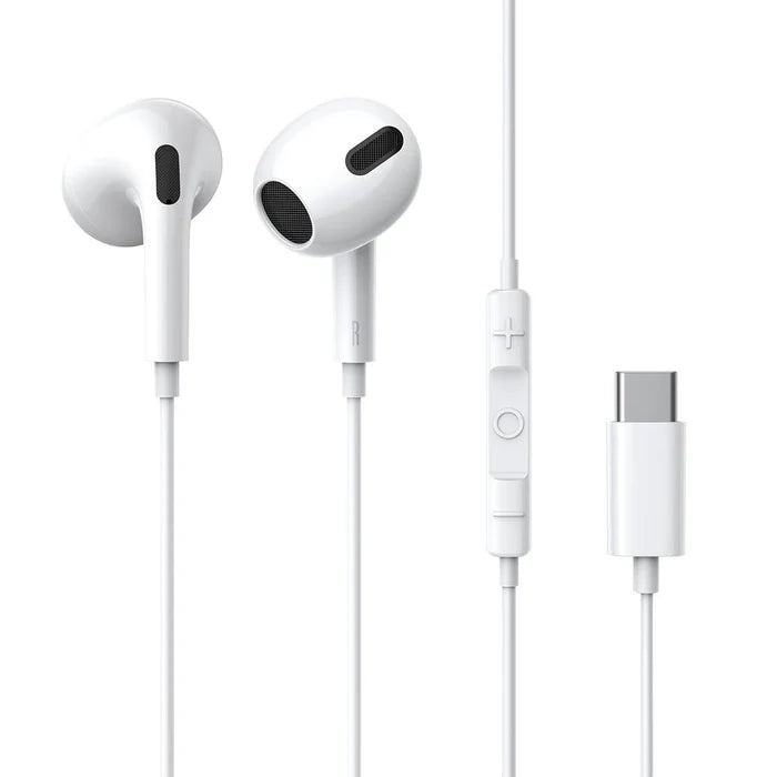 Baseus Encok C17 Type-C Lateral In-Ear Wired Earphones in white with inline volume control and USB-C connector