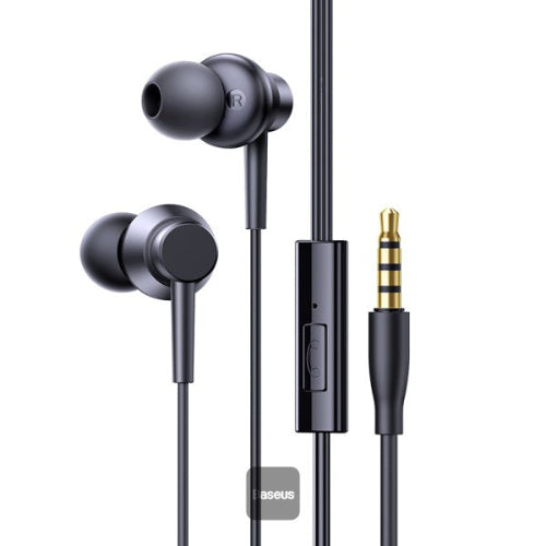 Baseus Encok HZ11 Wired Earphones close-up view showing in-ear design, inline microphone, and 3.5mm jack