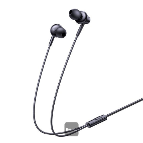 Baseus Encok HZ11 Wired Earphones full-length view showing tangle-free cable and ergonomic earbuds