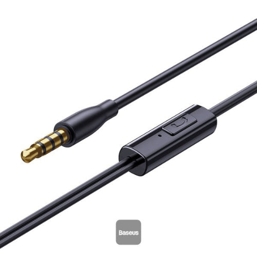 Baseus Encok HZ11 Wired Earphones showing 3.5mm gold-plated jack and inline microphone for hands-free calls