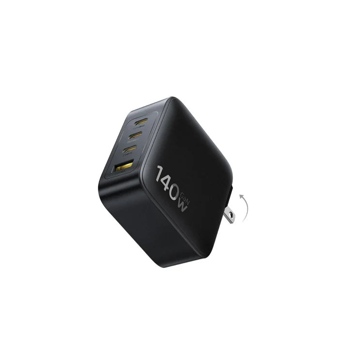 Baseus EnerFill FH11 140W GaN fast charger in Cosmic Black with three USB-C ports, one USB-A port, and foldable US plug