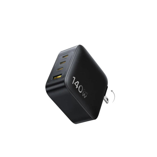 Baseus EnerFill FH11 140W GaN fast charger in Cosmic Black with three USB-C ports, one USB-A port, and foldable US plug