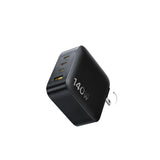 Baseus EnerFill FH11 140W GaN fast charger in Cosmic Black with three USB-C ports, one USB-A port, and foldable US plug