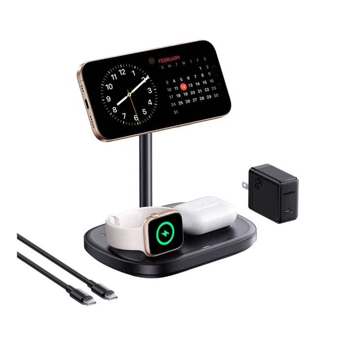 Baseus EnerFill FS41 3-in-1 wireless charging stand charging phone, smartwatch, and earbuds with 45W adapter and USB-C cable included