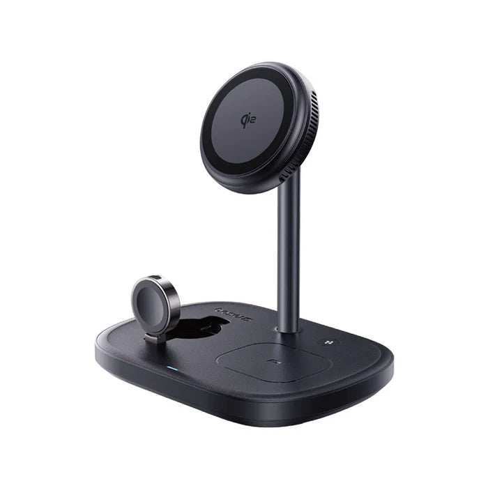 Baseus EnerFill FS41 3-in-1 wireless charging stand in Cosmic Black with Qi2 magnetic phone charger, watch charger, and earbuds charging pad