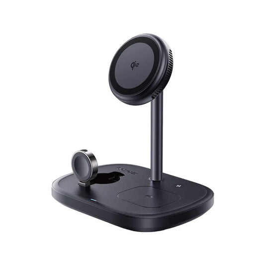Baseus EnerFill FS41 3-in-1 wireless charging stand in Cosmic Black with Qi2 magnetic phone charger, watch charger, and earbuds charging pad