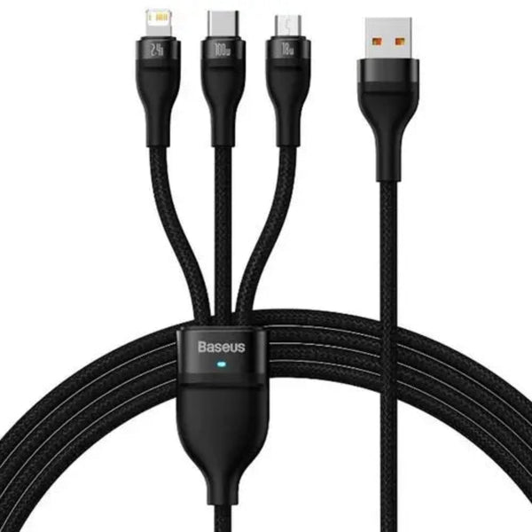 BASEUS Flash Series II One-for-Three Fast Charging Data Cable USB to M + L + C – 66W, 1.2M Black