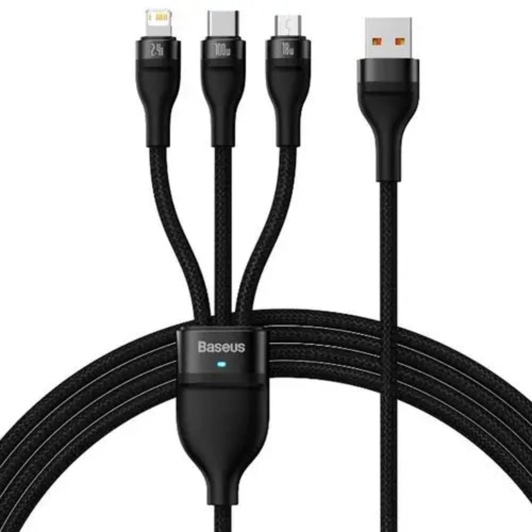 BASEUS Flash Series II One-for-Three Fast Charging Data Cable USB to M + L + C – 66W, 1.2M Black