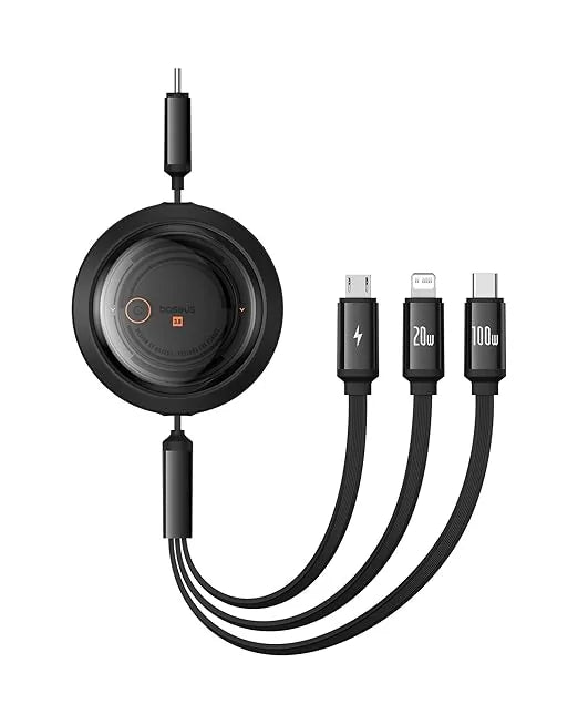 BASEUS Free2Draw Retractable Crystal 3-in-1 fast charging data cable Type-C to Micro USB Lightning USB-C 100W 1.1M black.