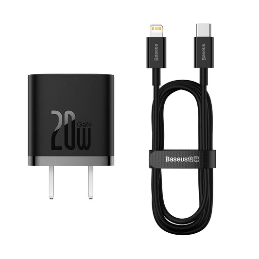 Baseus GaN5 20W fast charger set in black with Type-C to iP cable and CN plug