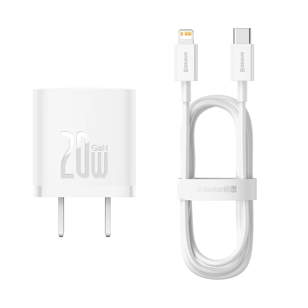 Baseus GaN5 Mini 20W fast charger CN set in white with Type-C to iP cable