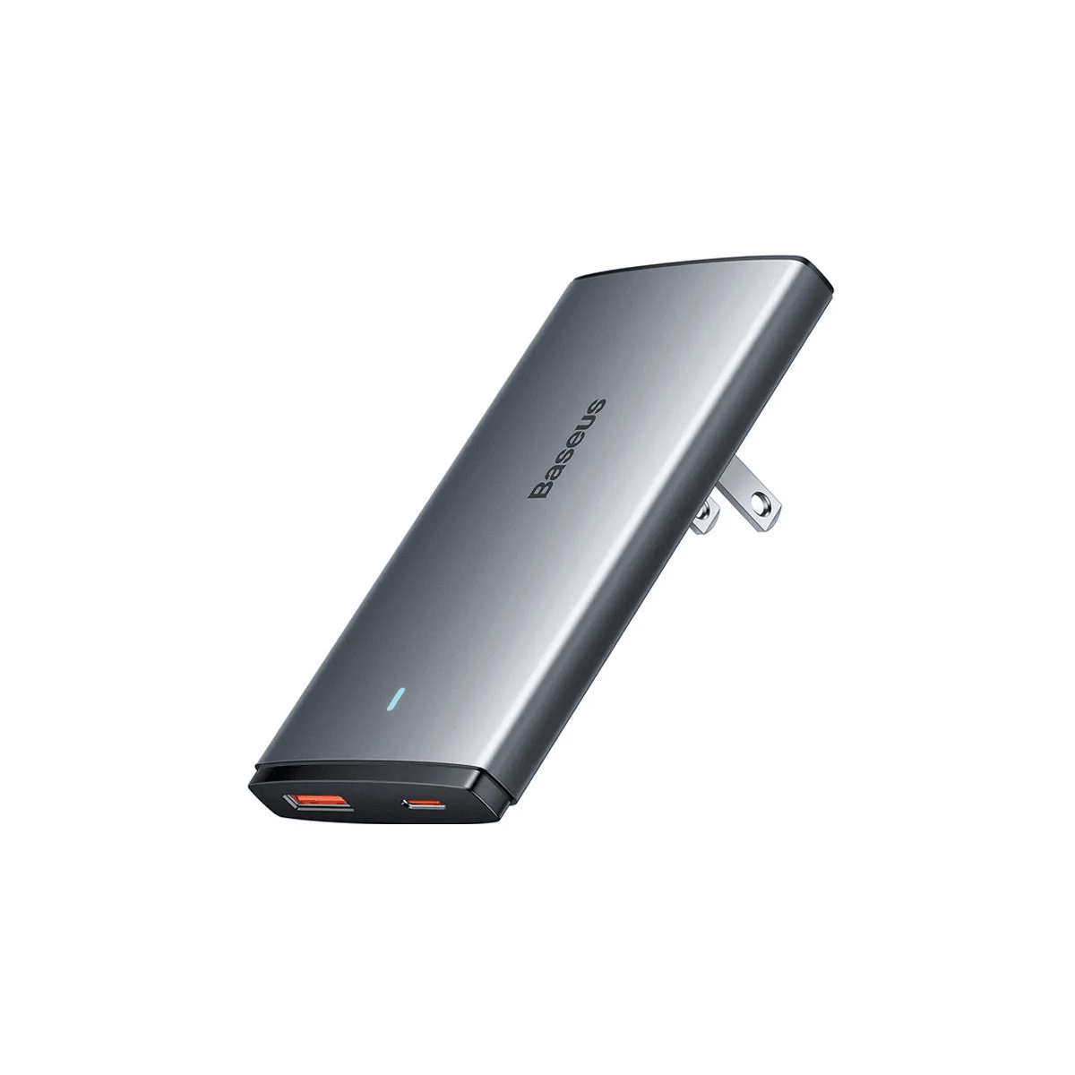 Baseus GaN5 Pro Ultra-Slim 65W C+U fast charger in gray with Type-C to Type-C 100W black cable