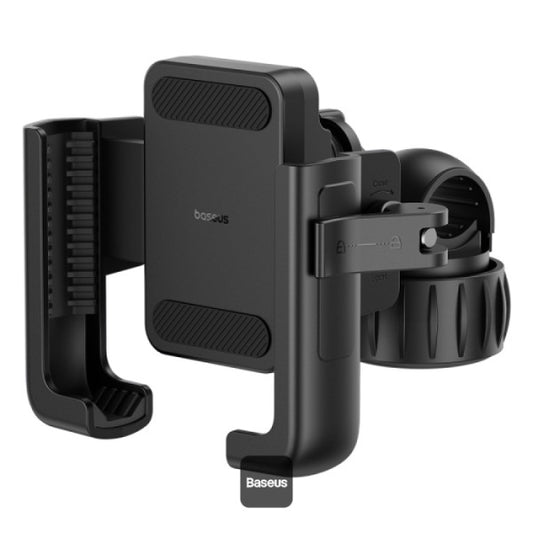 Rear view of Baseus GoTrip Series rearview mirror bike phone mount in Cluster Black highlighting the clamp mechanism and mounting points