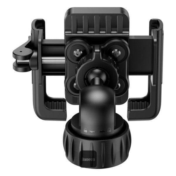 Baseus GoTrip Series bike phone mount rearview mirror version in Cluster Black shown from the front with adjustable clamp and phone holder