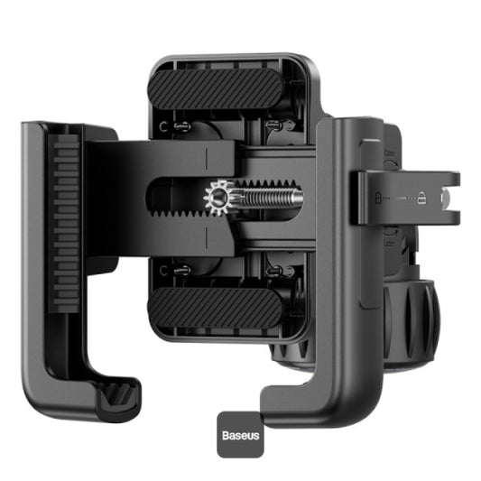 Side angle of Baseus GoTrip Series rearview mirror phone mount in Cluster Black showing the swivel arm and phone holder profile
