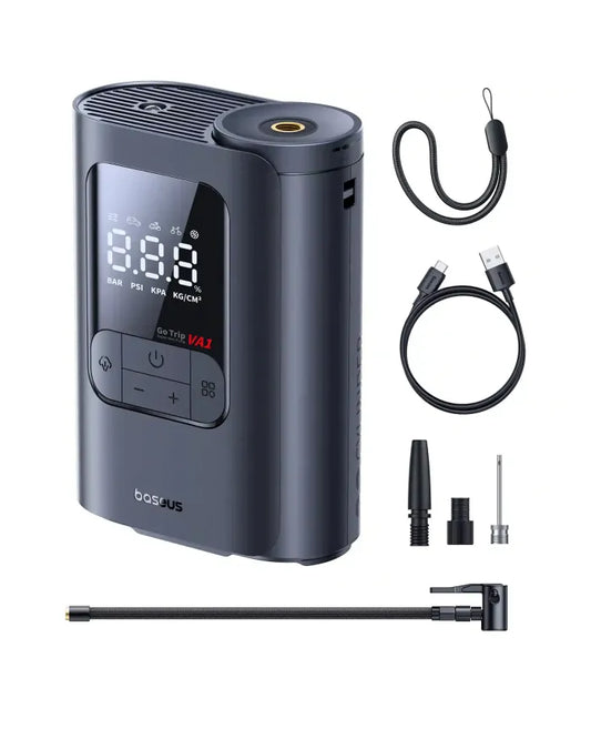 Baseus GoTrip VA1 Super Mini Cordless Inflator in Cosmic Black with digital display, 22‑cylinder motor, and included air hose, nozzles and charging cable