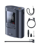 Baseus GoTrip VA1 Super Mini Cordless Inflator in Cosmic Black with digital display, 22‑cylinder motor, and included air hose, nozzles and charging cable