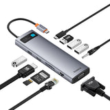 Baseus Metal Gleam Series 11-Port Type-C Hub Space Grey with HDMI, VGA, USB 3.0, PD charging, RJ45 LAN, SD TF card reader and 3.5mm audio port.