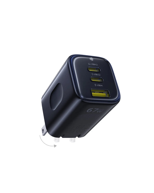 Baseus PicoGo AE11 67W Cosmic Black fast charger with dual USB-C ports, USB-A port, and foldable US plug