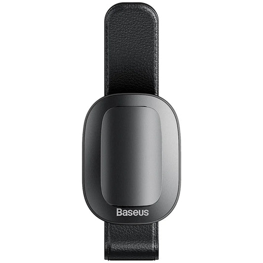 Front view of Baseus Platinum Vehicle Eyewear Clip black car sunglasses holder with leather-style strap