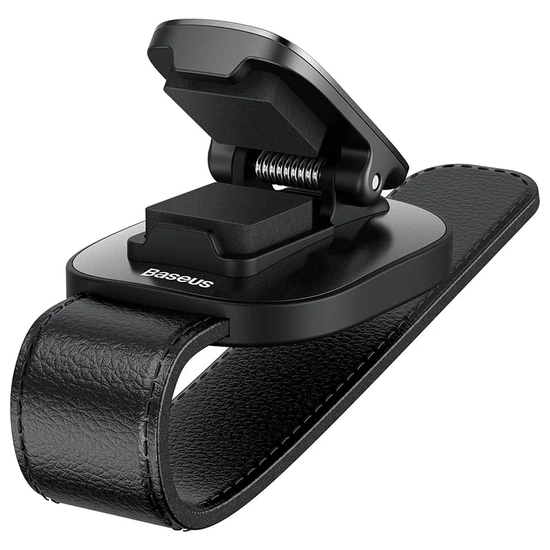 Baseus Platinum Vehicle Eyewear Clip in black with open spring clamp and leather-style visor strap