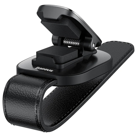 Baseus Platinum Vehicle Eyewear Clip in black with open spring clamp and leather-style visor strap