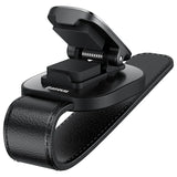Baseus Platinum Vehicle Eyewear Clip in black with open spring clamp and leather-style visor strap