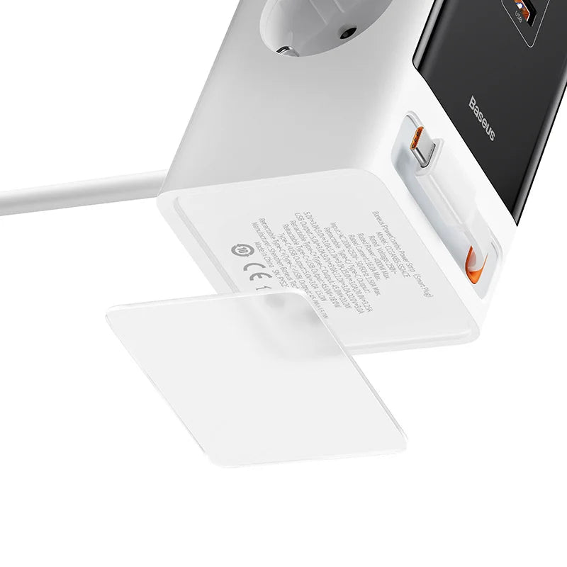 Baseus PowerCombo 65W Smart Powerstrip with bottom view, cable storage compartment and safety certifications