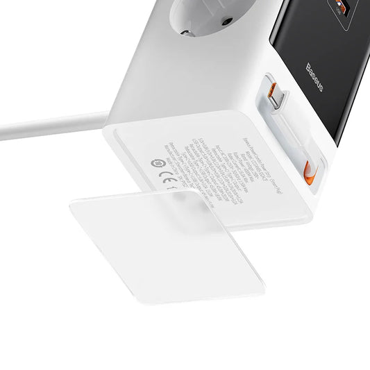 Baseus PowerCombo 65W Smart Powerstrip with bottom view, cable storage compartment and safety certifications