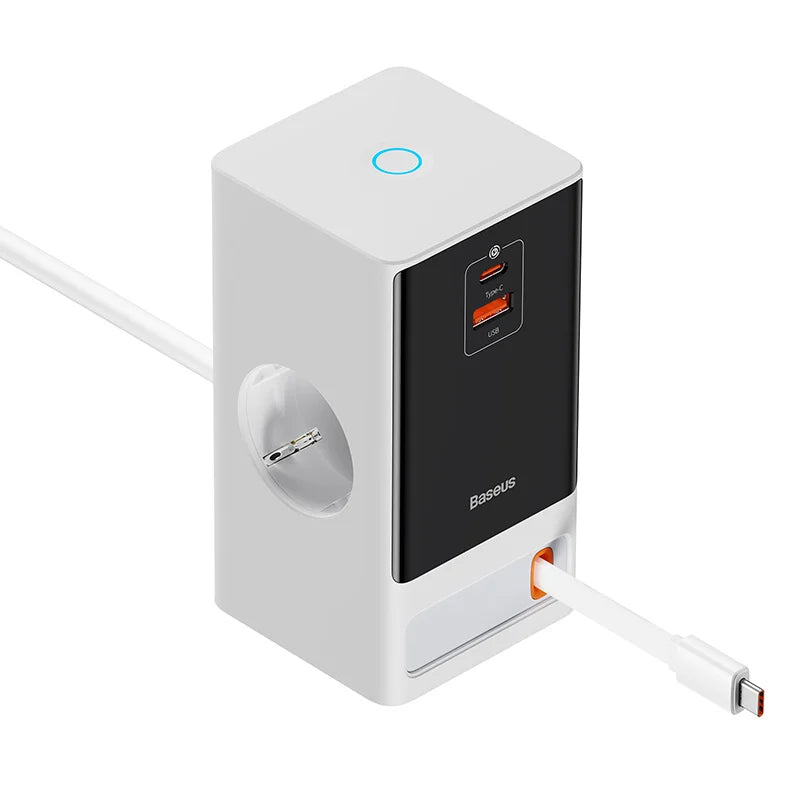 Baseus PowerCombo 65W Smart Digital Powerstrip showing front view with USB-C, USB-A ports, and EU AC outlet