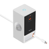 Baseus PowerCombo 65W Smart Digital Powerstrip showing front view with USB-C, USB-A ports, and EU AC outlet