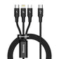 Baseus Rapid Series 3-in-1 Fast Charging Data Cable showing Type-C, Micro USB, and Lightning connectors with 20W PD and durable braided 1.5M cable