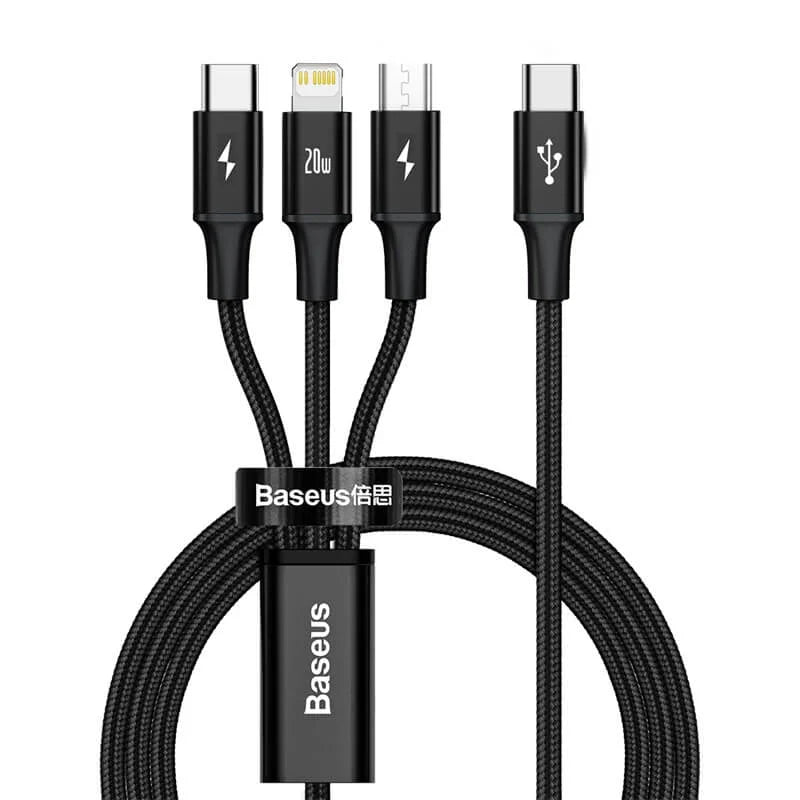 Baseus Rapid Series 3-in-1 Fast Charging Data Cable showing Type-C, Micro USB, and Lightning connectors with 20W PD and durable braided 1.5M cable