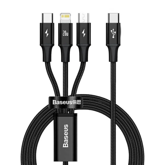 Baseus Rapid Series 3-in-1 Fast Charging Data Cable showing Type-C, Micro USB, and Lightning connectors with 20W PD and durable braided 1.5M cable