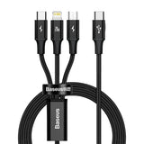 Baseus Rapid Series 3-in-1 Fast Charging Data Cable showing Type-C, Micro USB, and Lightning connectors with 20W PD and durable braided 1.5M cable