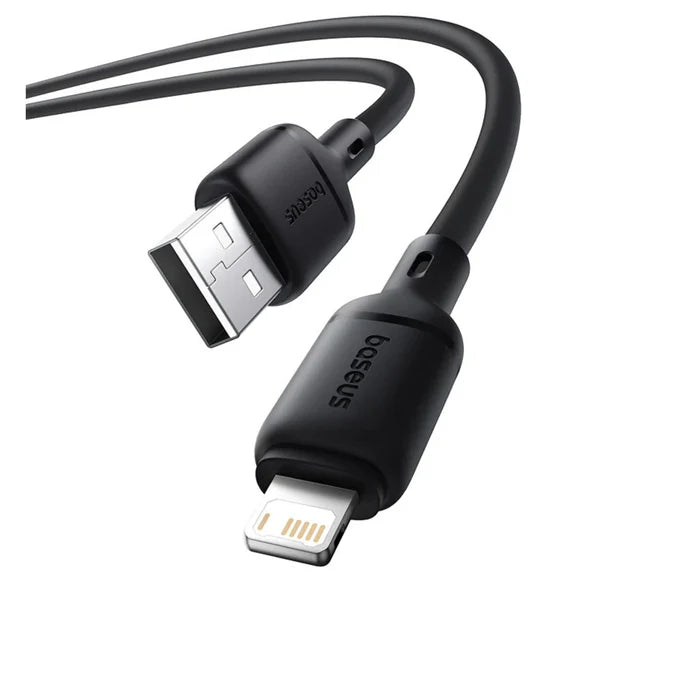 Close-up of BASEUS Silky Series black USB to Lightning fast charging cable connectors