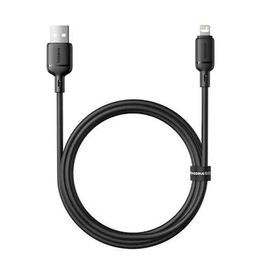 Close-up of BASEUS Silky Series black USB to Lightning fast charging cable connectors