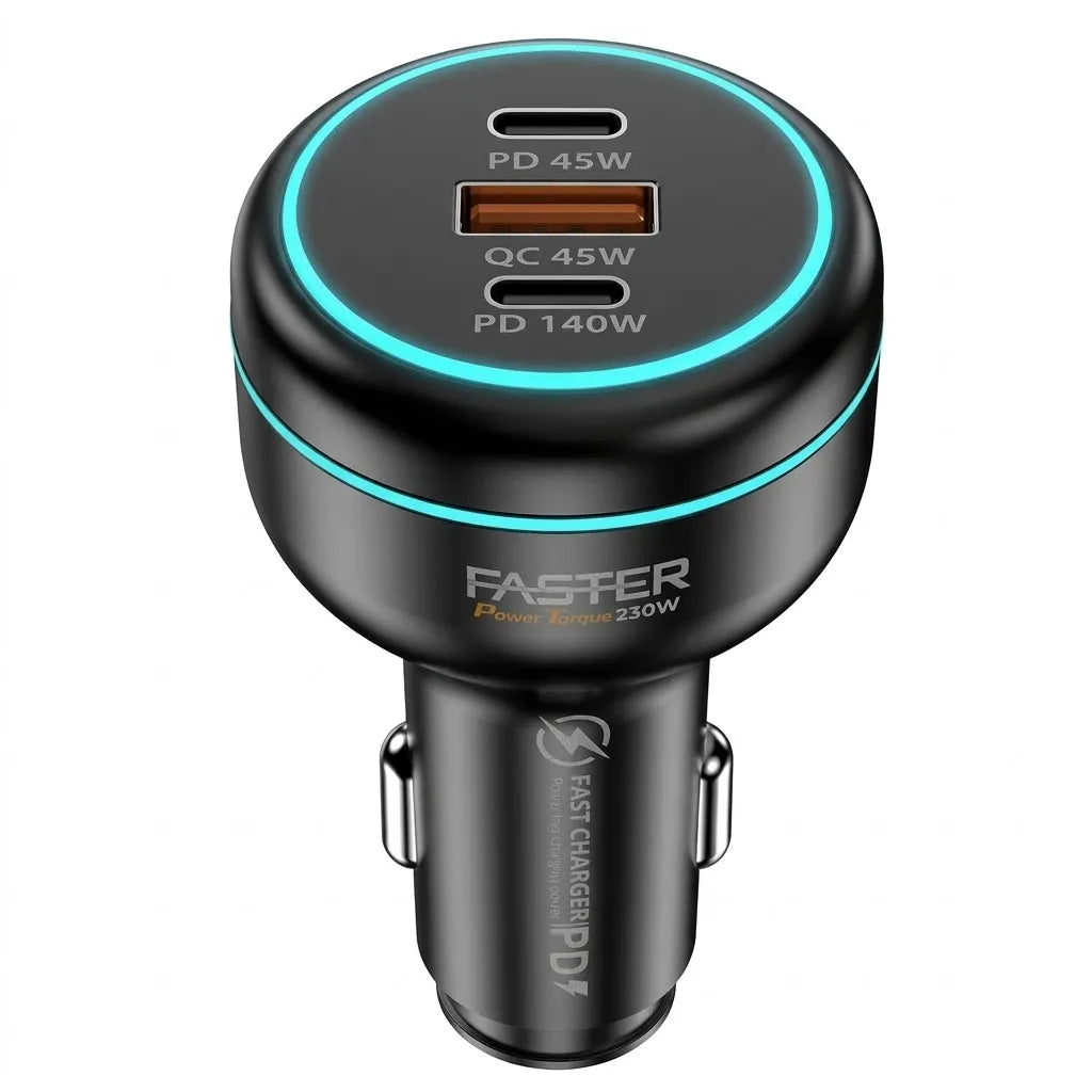 Faster FCS-10 Power Torque Snap Car Charger – 80cm retractable cable & USB-A and Type-C ports