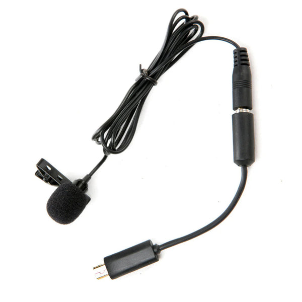  BOYA BY-LM20 wired lavalier microphone with foam windscreen, inline control module and 3.5mm audio jack for smartphone and DSLR recording.