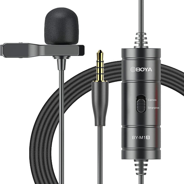  BOYA BY-M1S lavalier microphone with foam windscreen, 3.5mm gold-plated jack and inline control module.
