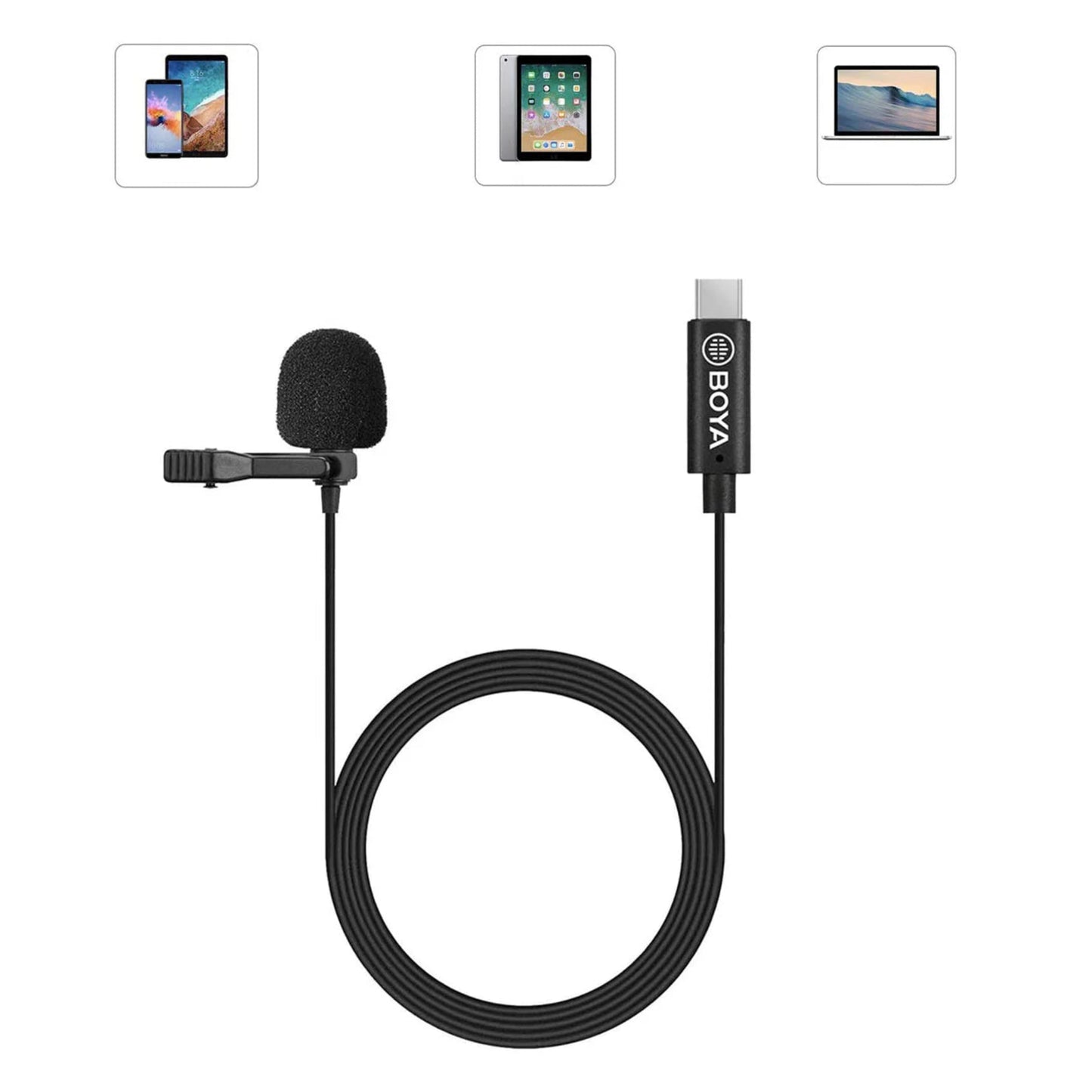  Black BOYA BY-M3 lavalier microphone with foam windscreen and USB-C connector on coiled cable.