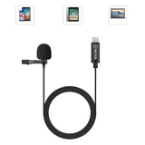  Black BOYA BY-M3 lavalier microphone with foam windscreen and USB-C connector on coiled cable.