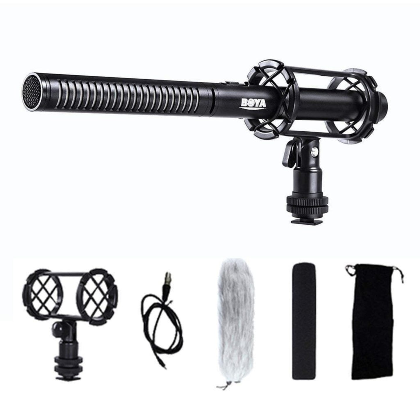  BOYA BY-PVM1000 shotgun microphone with shock mount, dual mic holders, XLR cable, furry windscreen, foam windscreen, and carrying pouch.