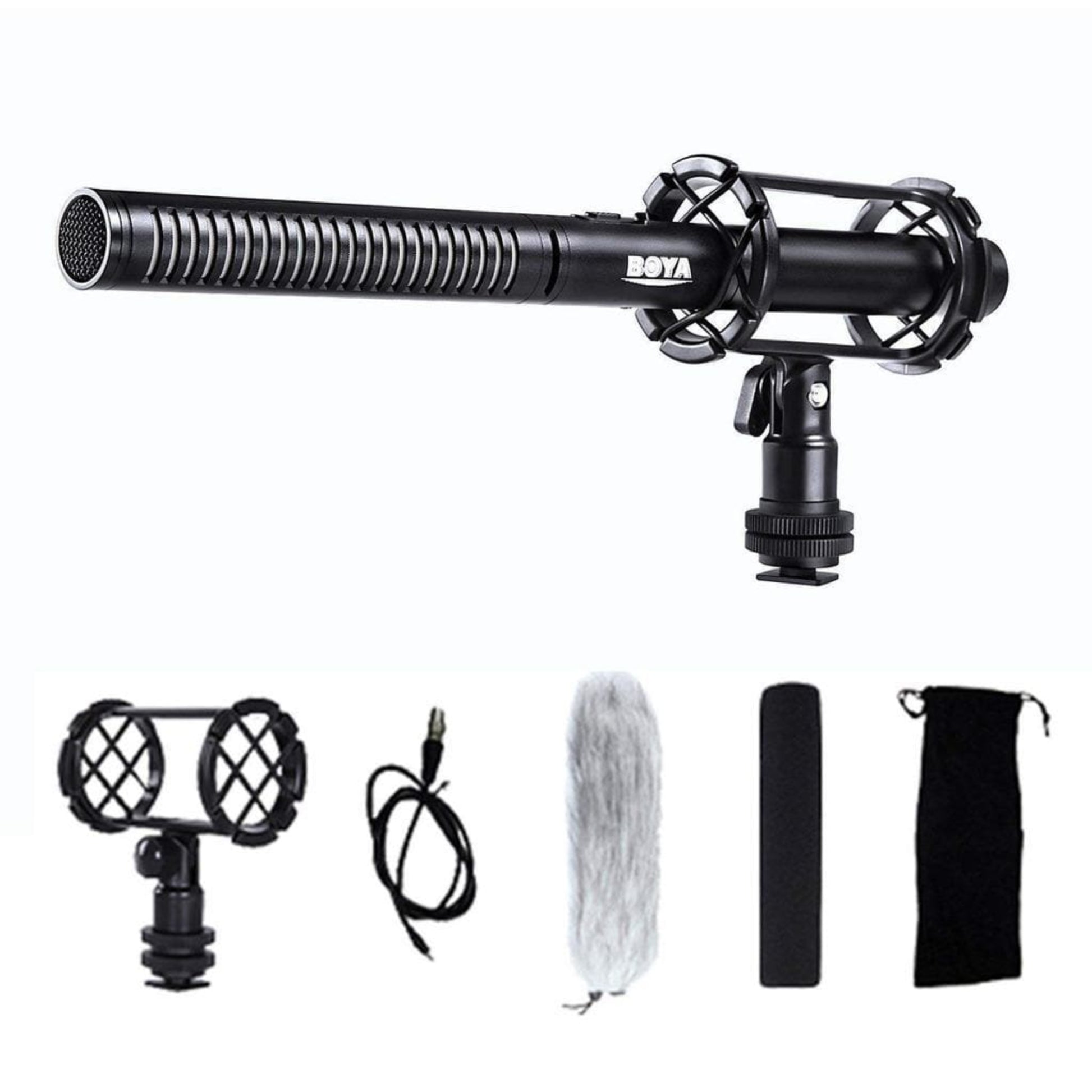 BOYA BY-PVM1000 shotgun microphone with shock mount, dual mic holders, XLR cable, furry windscreen, foam windscreen, and carrying pouch.