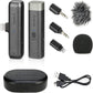  BOYA BY-WM3D Dual Wireless Microphone System with two transmitters, receiver, USB charging cable, 3.5mm adapters, foam windscreen, furry wind muff, and charging case.