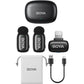 BOYA Mini 15 wireless microphone system with dual transmitters and receiver for smartphone and camera recording.