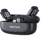  BOYA Mini 15 dual wireless microphone with charging case open showing two compact clip-on transmitters inside.