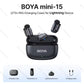 BOYA Mini 15 dual wireless lavalier microphone complete kit with transmitters, receiver, cables, and accessories.