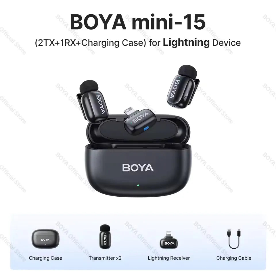 BOYA Mini 15 dual wireless lavalier microphone complete kit with transmitters, receiver, cables, and accessories.